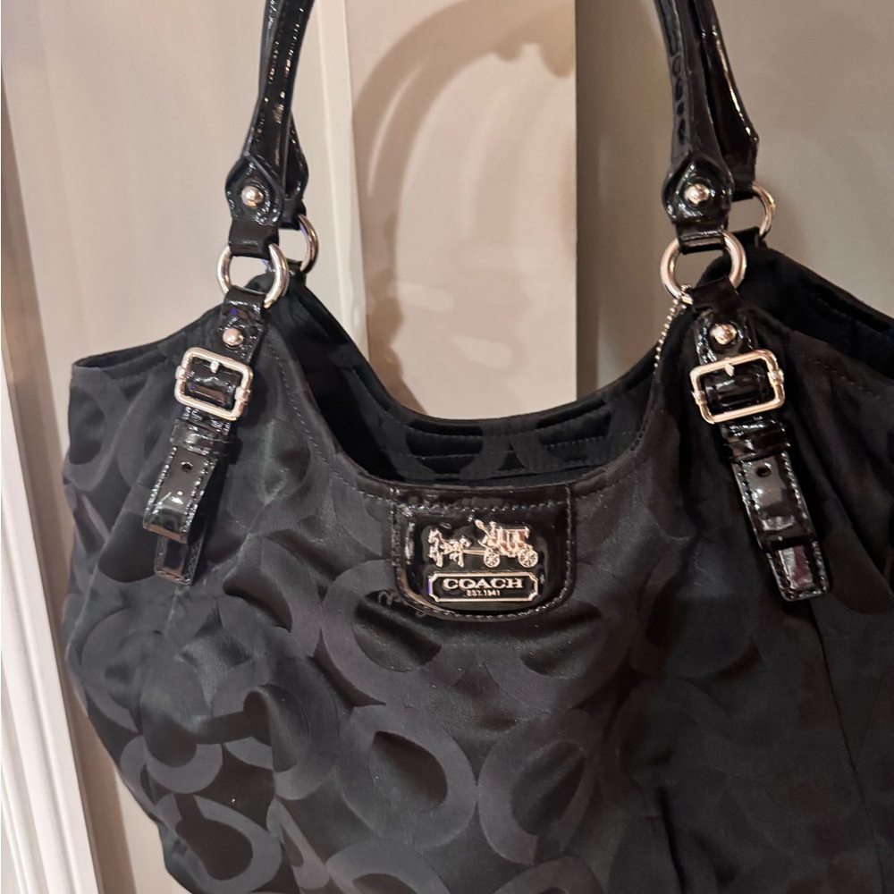 Coach Black Signature Nylon Shoulder Bag with Black Patent Handles - Picture 3 of 7